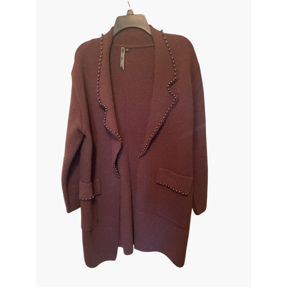 Golden Days Paris Burgundy Open Front Cardigan W/ Pearl Trim & Pockets
